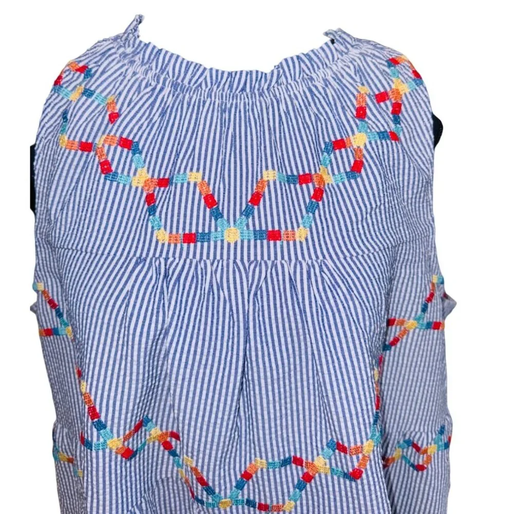 Savanna Jane Blue White Striped Sleeveless Top Embroidery Bow 1X Beach Resort - Picture 2 of 8